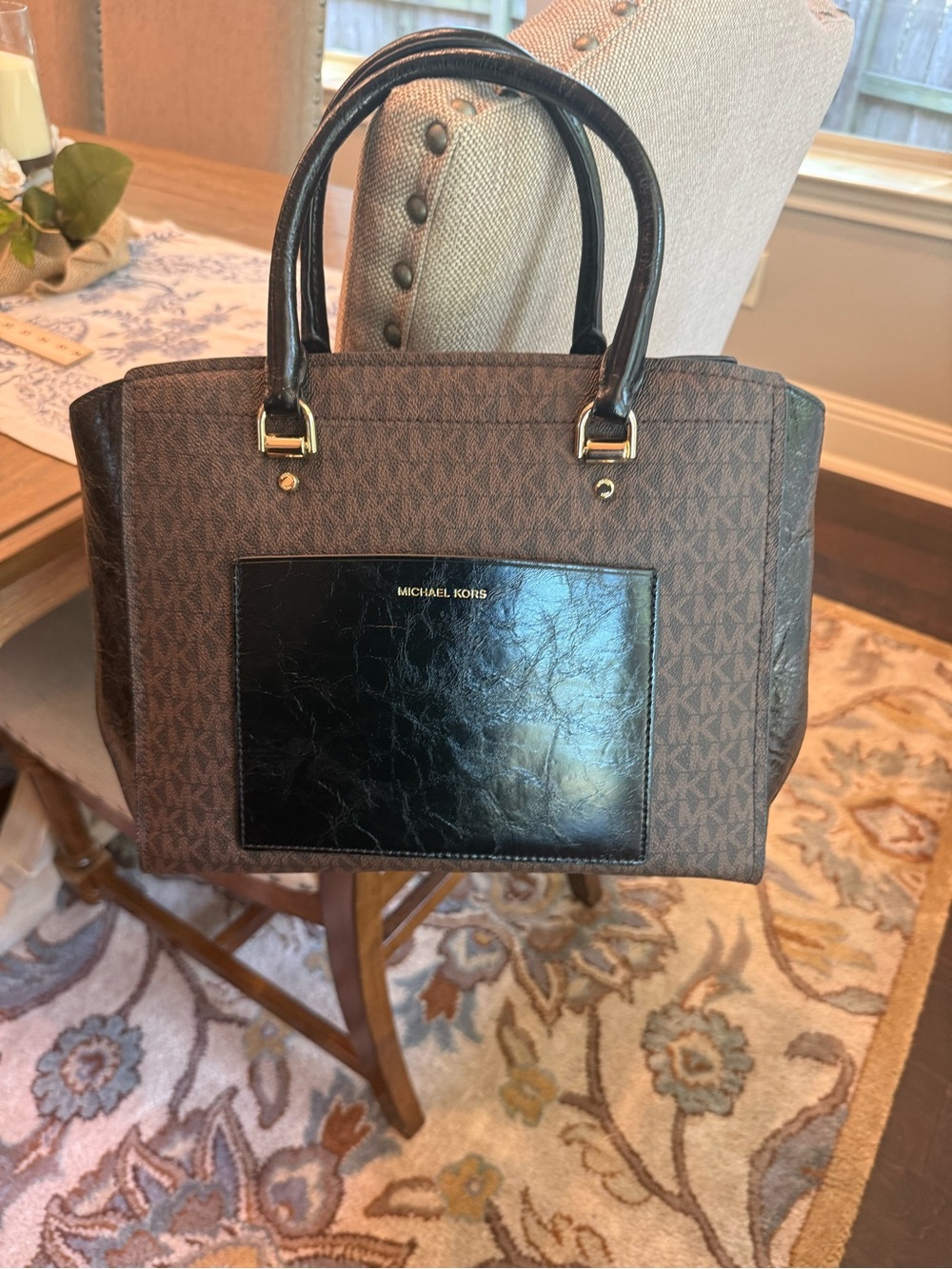 Michael Kors Brown Monogram Tote with Black Front Pocket
